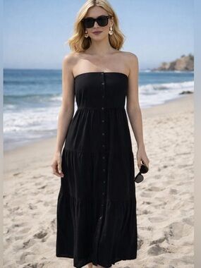 LOF Strapless Black Tiered Button-Front Maxi Dress